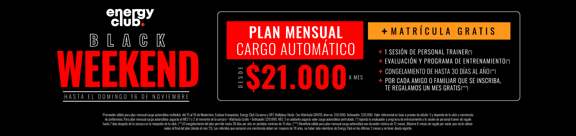 Entrena en Energy Club desde $20.000/mes sin matrícula ni activación. Acceso Multiclub, año de regalo y sesión con Personal Trainer. ¡Solo hasta el 26 de octubre!