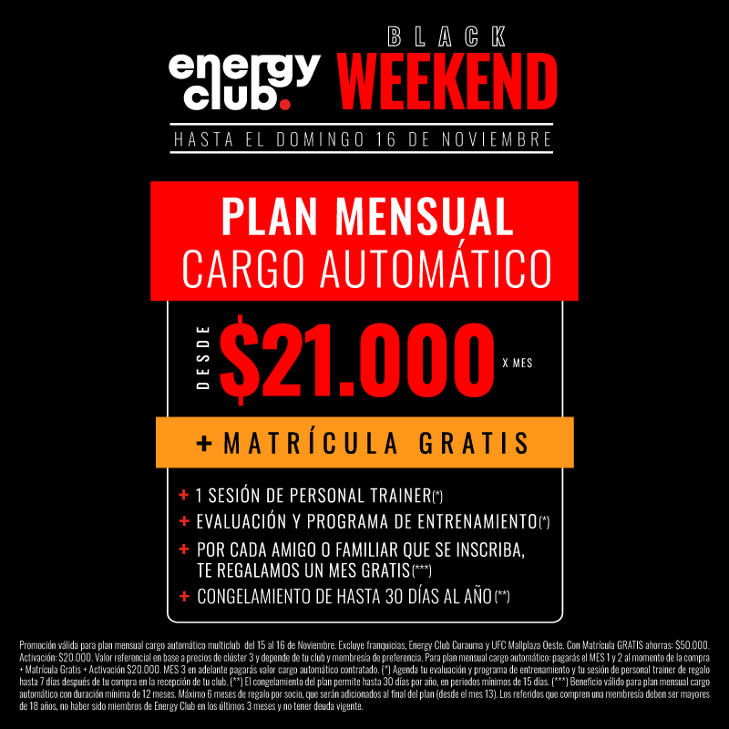 Entrena en Energy Club desde $20.000/mes sin matrícula ni activación. Acceso Multiclub, año de regalo y sesión con Personal Trainer. ¡Solo hasta el 26 de octubre!