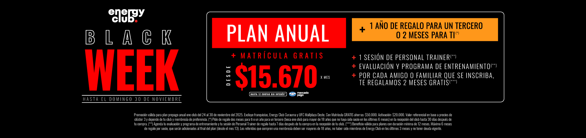 Entrena en Energy Club desde $20.000/mes sin matrícula ni activación. Acceso Multiclub, año de regalo y sesión con Personal Trainer. ¡Solo hasta el 26 de octubre!