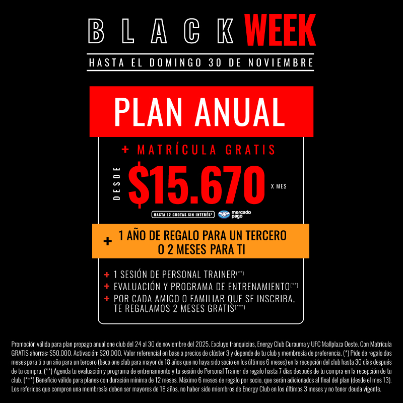 Entrena en Energy Club desde $20.000/mes sin matrícula ni activación. Acceso Multiclub, año de regalo y sesión con Personal Trainer. ¡Solo hasta el 26 de octubre!
